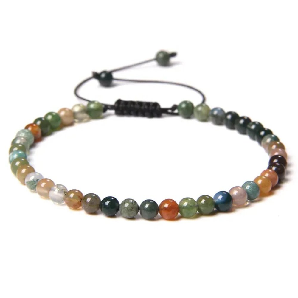 Unisex 4mm Indian Agate Natural Stone Beaded Adjustable Rope Bracelet NEW